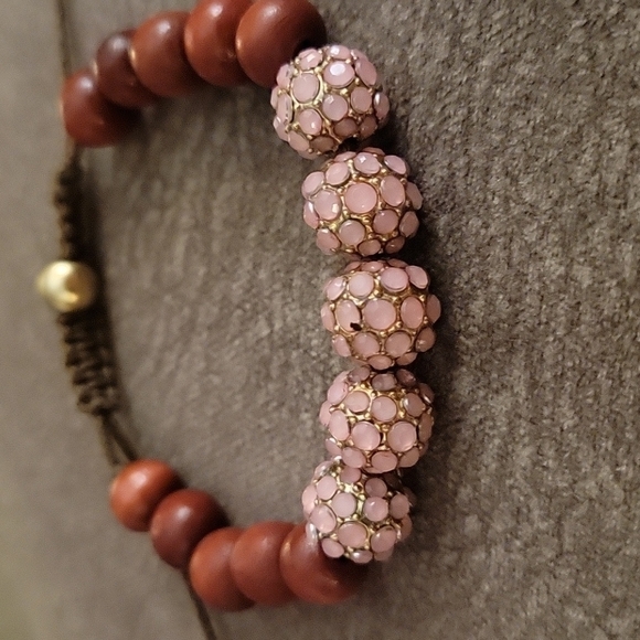 Macrame Wood Pink Bump Beaded Adjustable Mala Bracelet - Picture 3 of 5